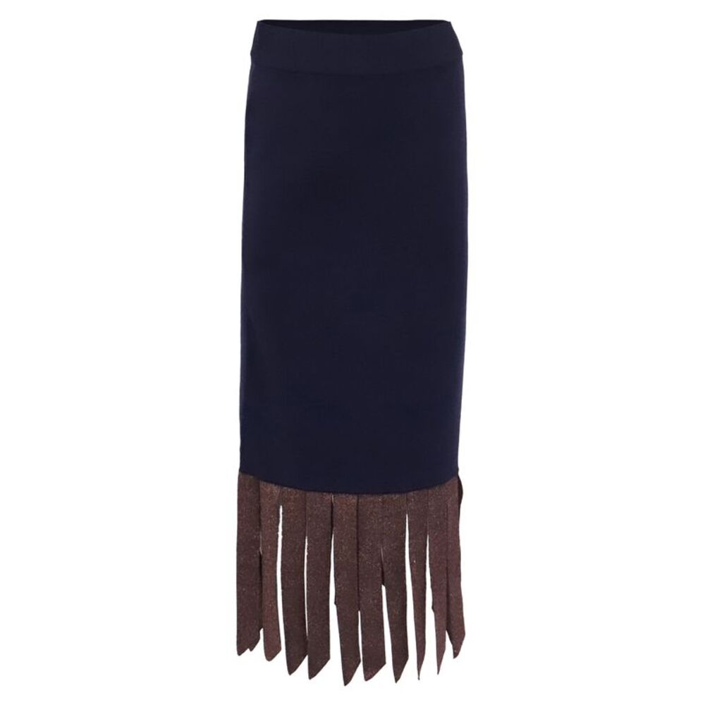 Staud Fringed Midi Skirt in Navy Blue Viscose
